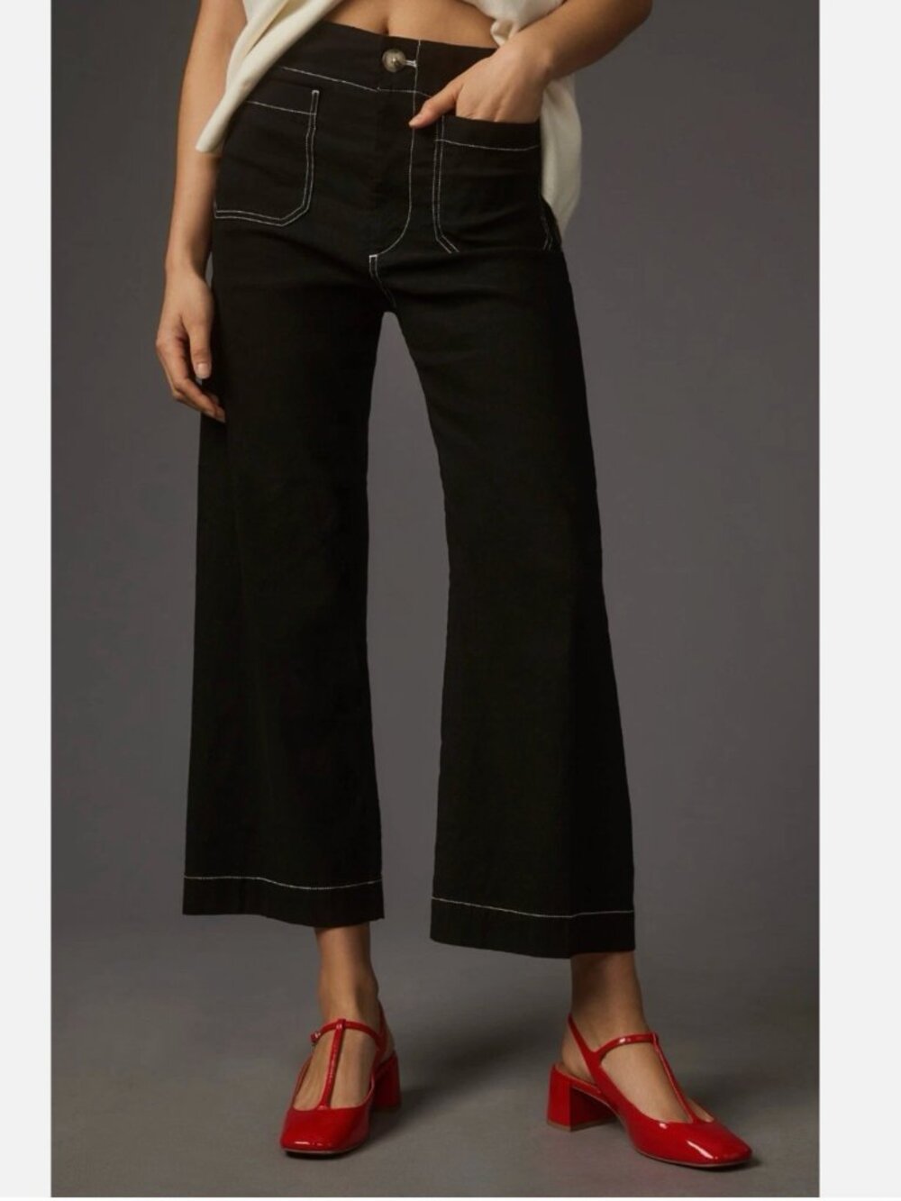 Maeve Anthropologie Colette Wide Leg Black Contrast Stitch Cropped Pants size 33